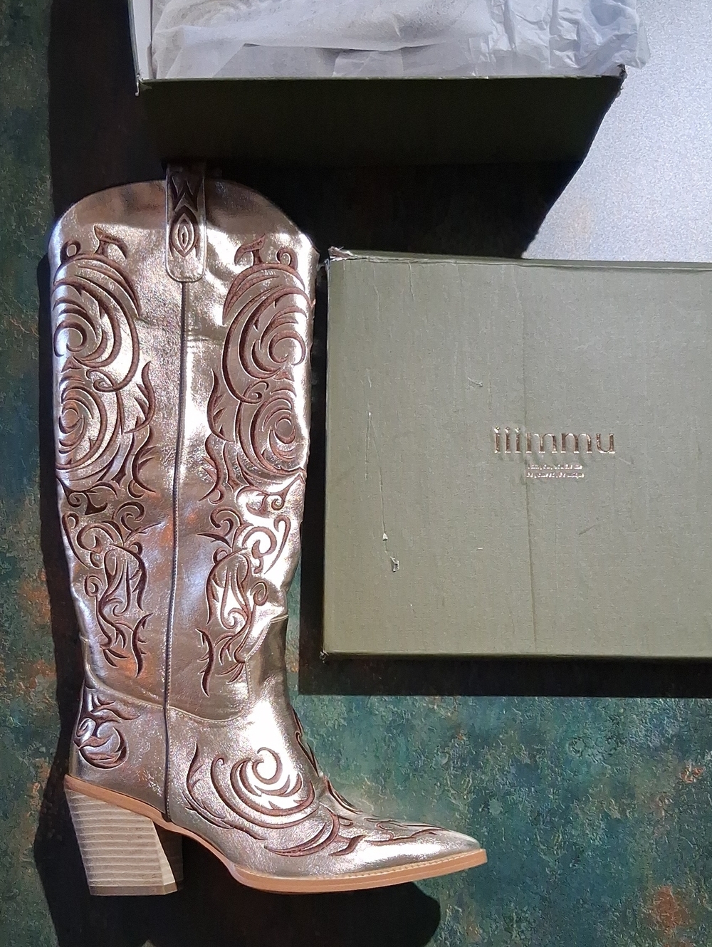 Metallic Bronze Gold Embossed Leather Western Boot - Bronze